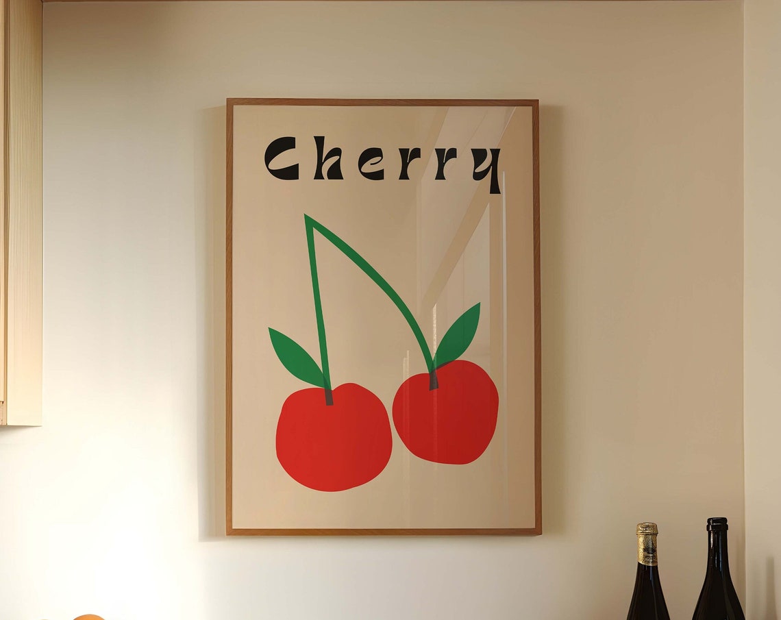 Cherry Pair Minimalist Red Fruit Kitchen Retro Graphic Wall Art