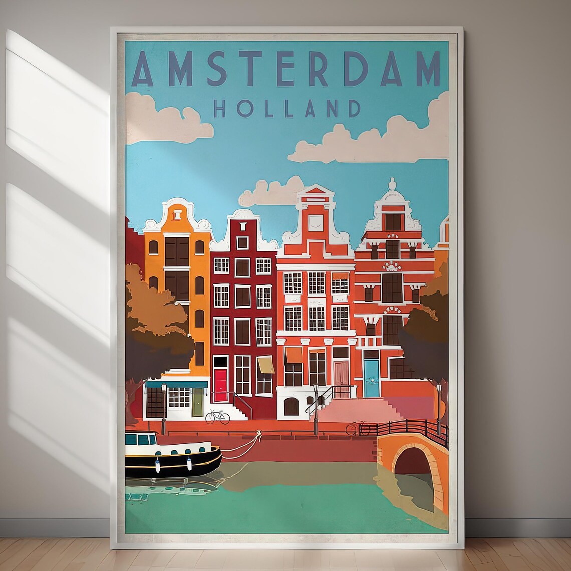 Amsterdam Holland Canal Houses Boat Bridge Vintage Travel Poster