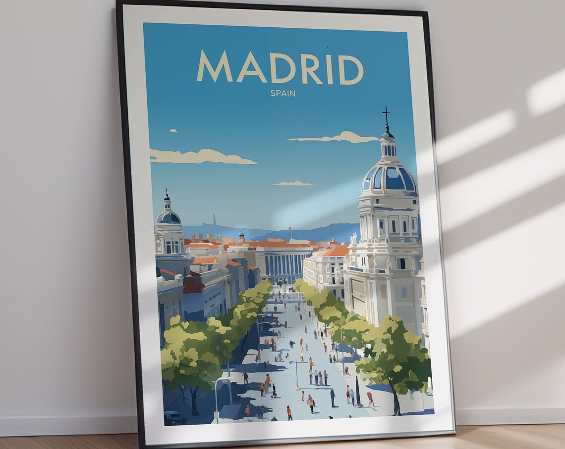Madrid Spain Gran Via Sunny Street Domed Church Cityscape Poster - Image 2