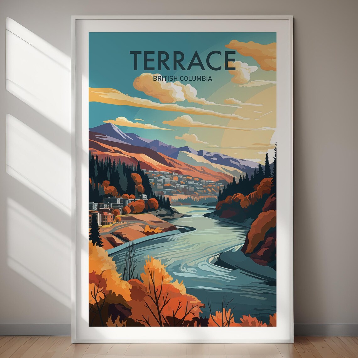 Terrace British Columbia River Valley Autumn Scene Travel Poster