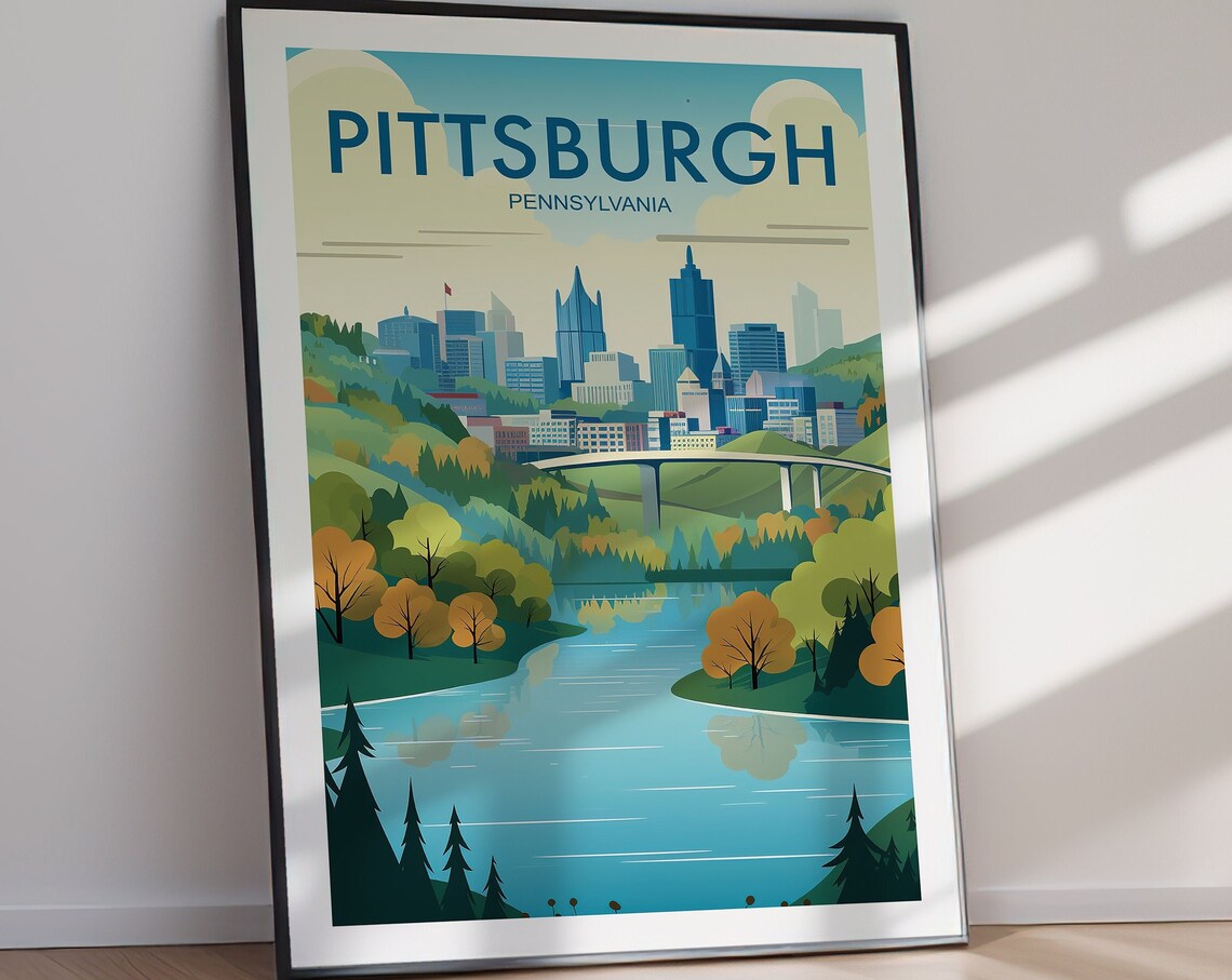 Pittsburgh Pennsylvania Bridge River Hills Skyline Travel Poster - Image 2