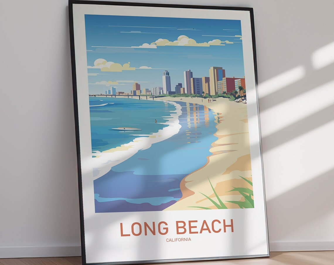 Long Beach California Shoreline Skyline Surfer Travel Art Poster - Image 2