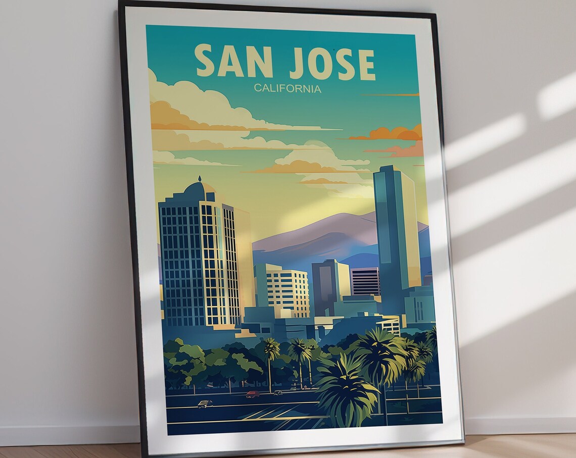 San Jose California Skyline Palms Mountains Retro Travel Poster Art - Image 3
