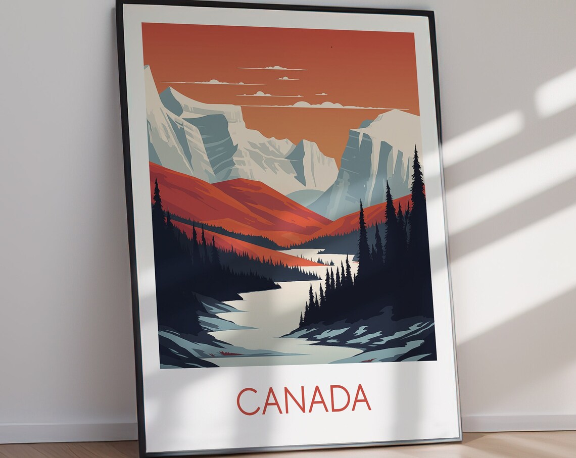 Canada Snowy Peaks Red Hills River Alpine Vintage Travel Poster - Image 2