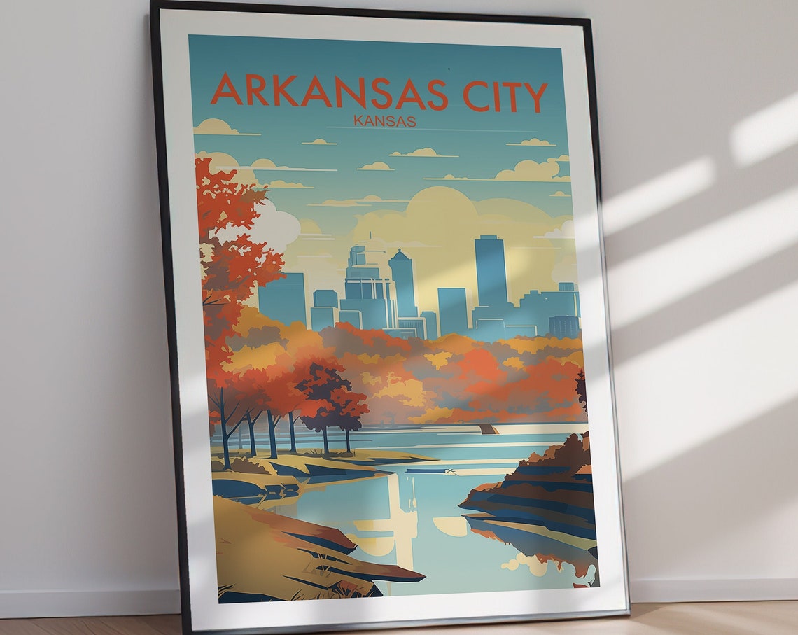 Arkansas City Kansas Skyline River Fall Retro Travel Poster Artwork - Image 2