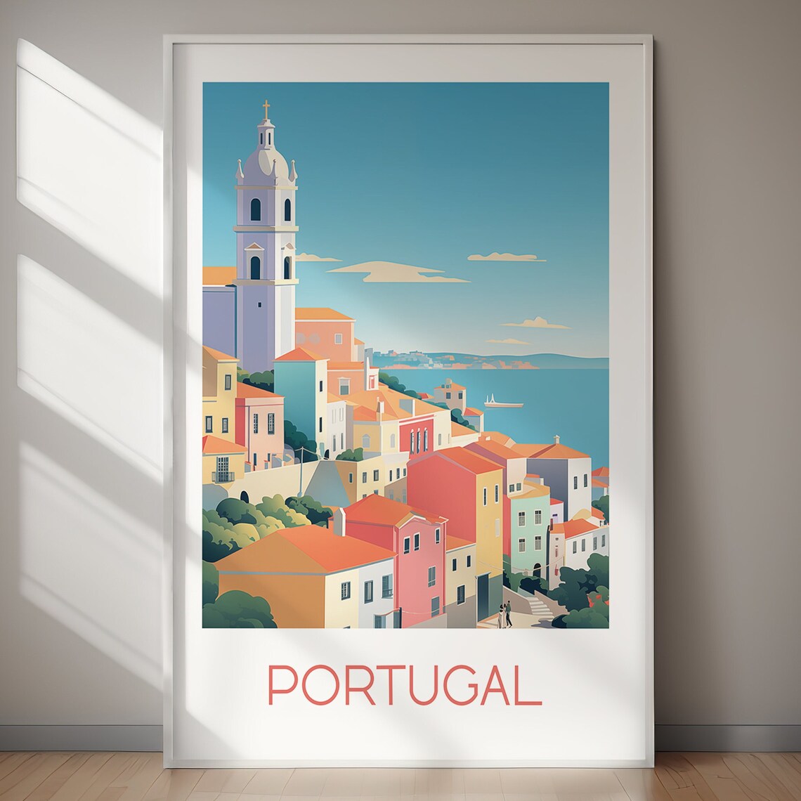 Portugal Coastal Town Church Tower Seaside Retro Travel Poster