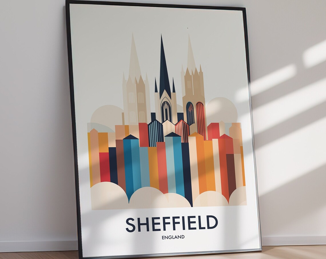 Sheffield England White Minimal Retro Spires Skyline Travel Poster - Image 3