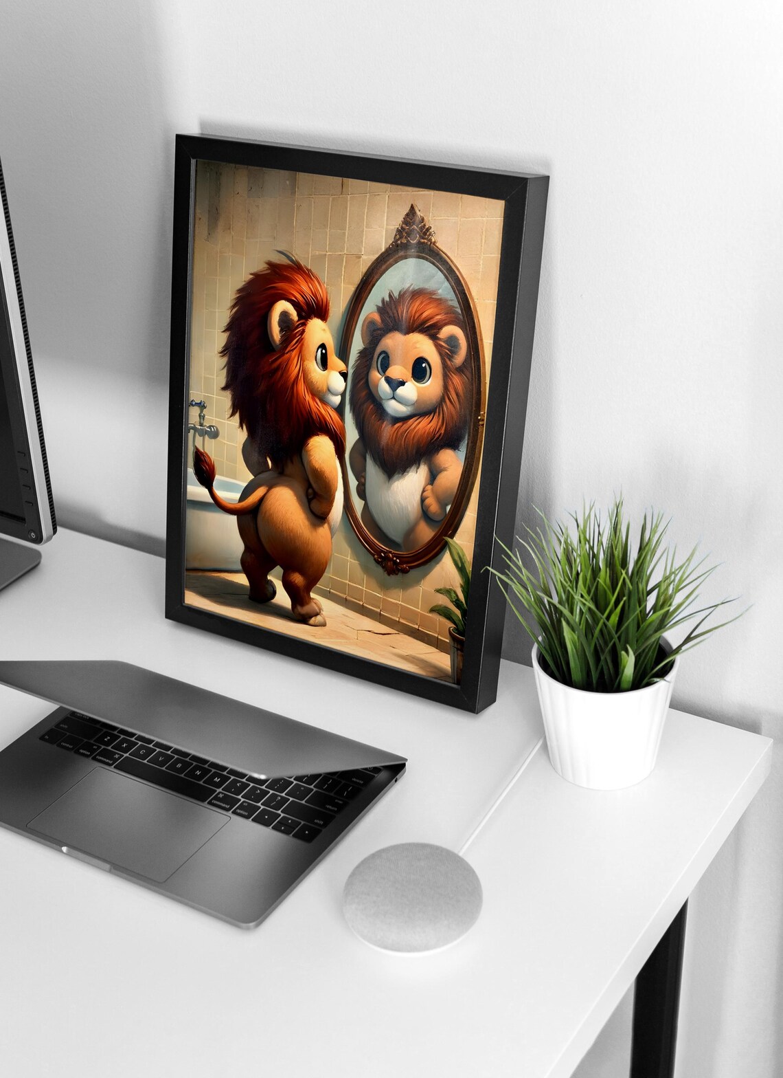 Lion Admiring Itself in Mirror Bathroom Funny Cute Art Poster - Image 4