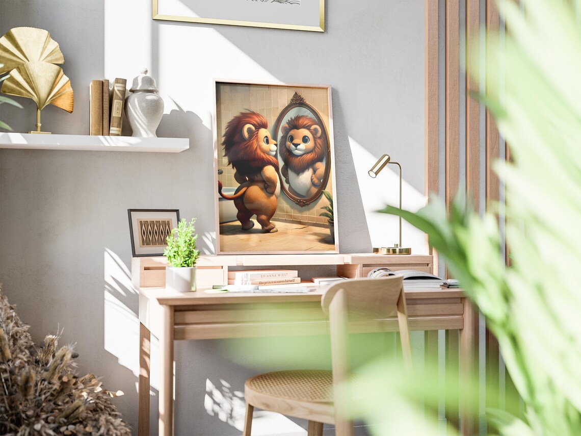 Lion Admiring Itself in Mirror Bathroom Funny Cute Art Poster - Image 2