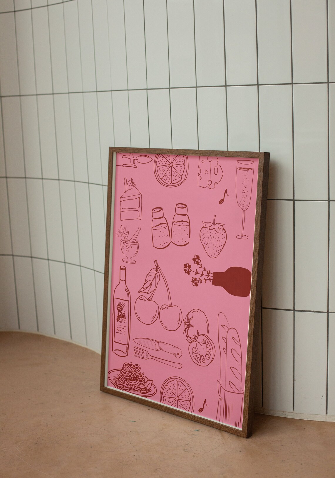 Pink Kitchen Food Line Illustrations Pasta Wine Decor Poster - Image 2