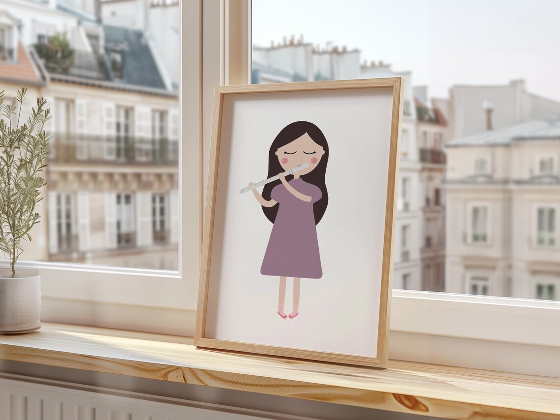 Girl Playing Silver Flute Lavender Dress Kids Music Instrument Art Poster - Image 3