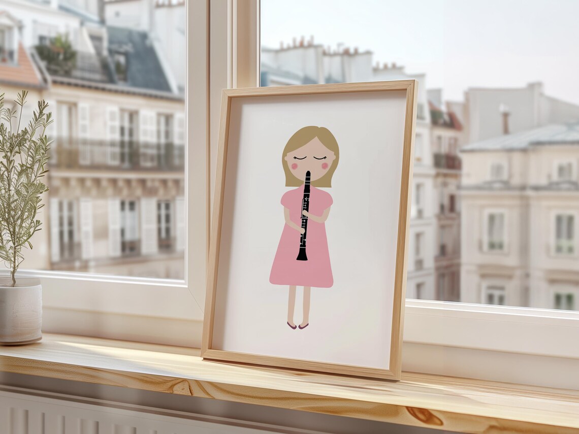 Girl Playing Black Clarinet Pink Dress Kids Music Instrument Art Poster - Image 3