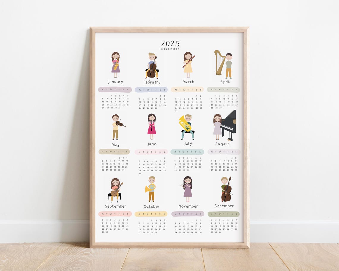2025 Little Musicians Kids Calendar Monthly Instrument Art Print
