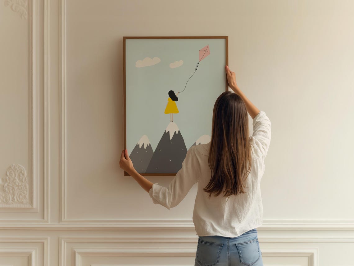 Girl Flying Pink Kite Standing On Snowy Mountain Peak Adventure Print - Image 2