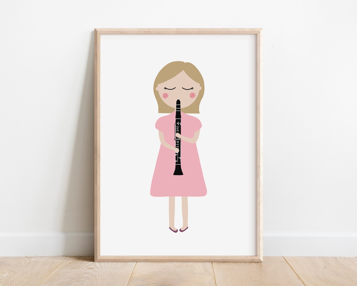 Girl Playing Black Clarinet Pink Dress Kids Music Instrument Art Poster