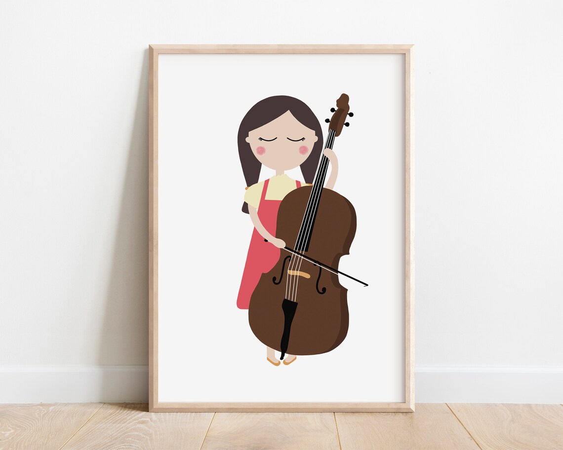 Girl Playing Double Bass Brown Instrument Kids Music Classroom Art Poster