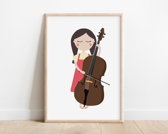 Girl Playing Double Bass Brown Instrument Kids Music Classroom Art Poster