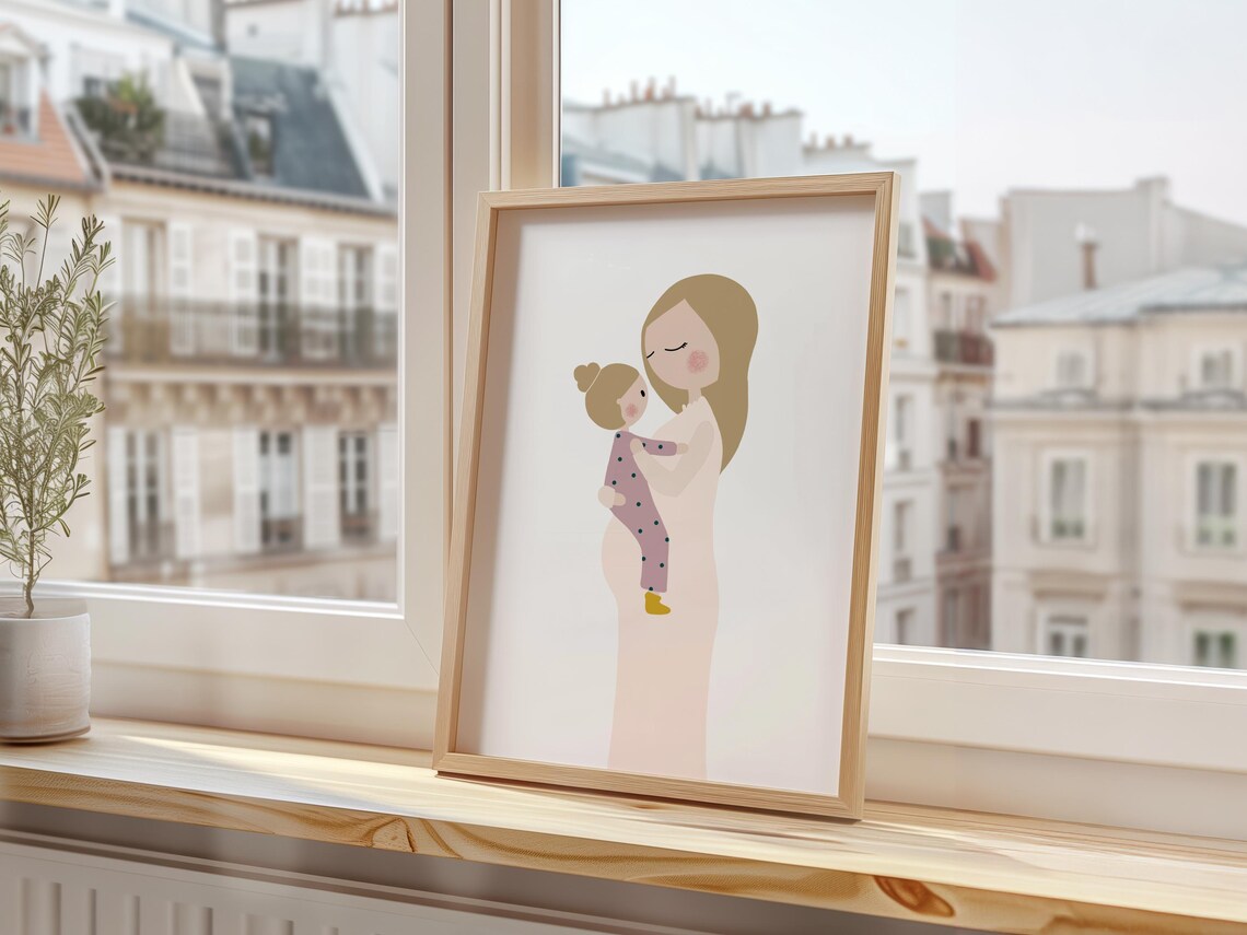 Pregnant Mother And Toddler Minimalist Pregnancy Decor Art Print - Image 2