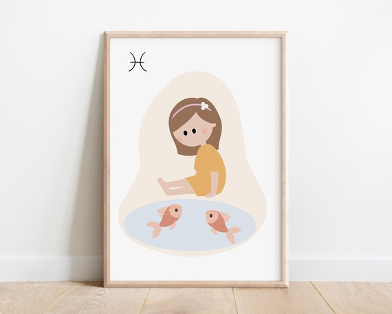Pisces Zodiac Girl With Two Goldfish Cute Nursery Star Sign Print