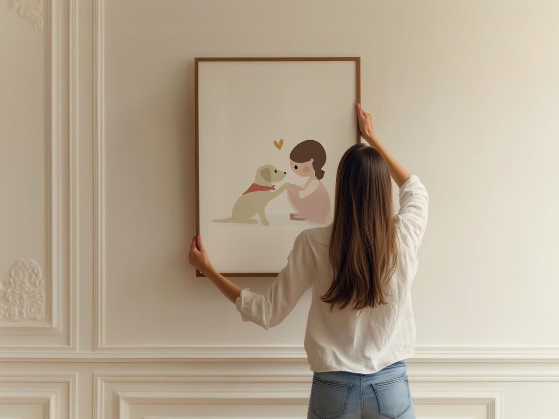 Little Girl And Her Dog Art Print Girl And Dog Illustration Golden Retriever Art Nursery Dog Nursery Wall Art Puppy Nursery Decor - Image 2