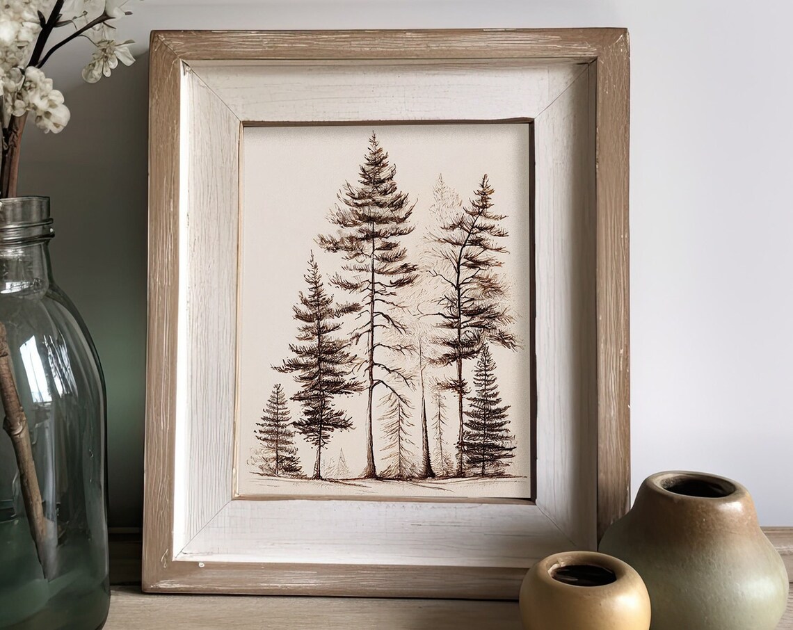 Pine Trees Watercolor Art Print, Lake House Decor