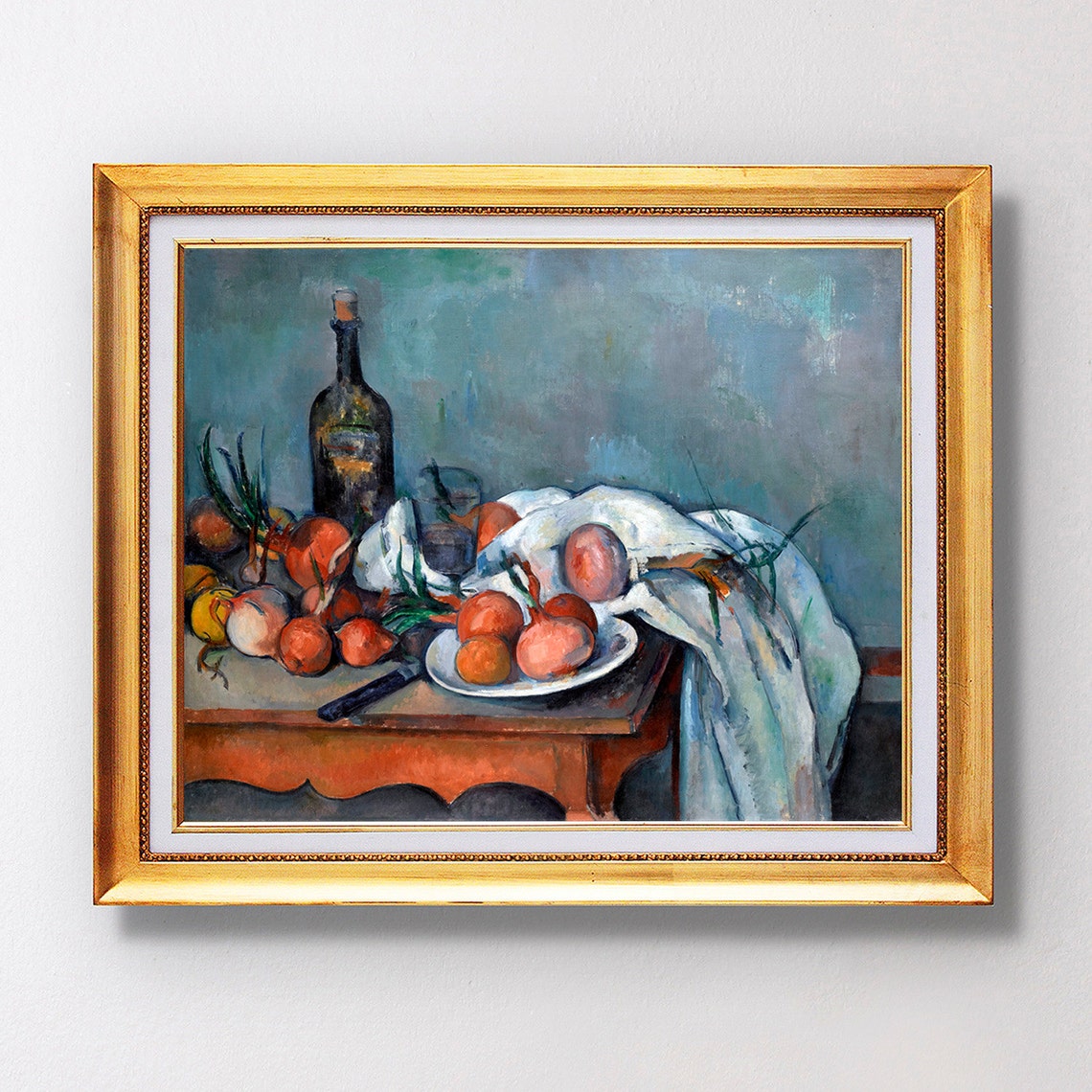 Paul Cezanne Still Life With Onions Bottle And Fruit On Table Poster