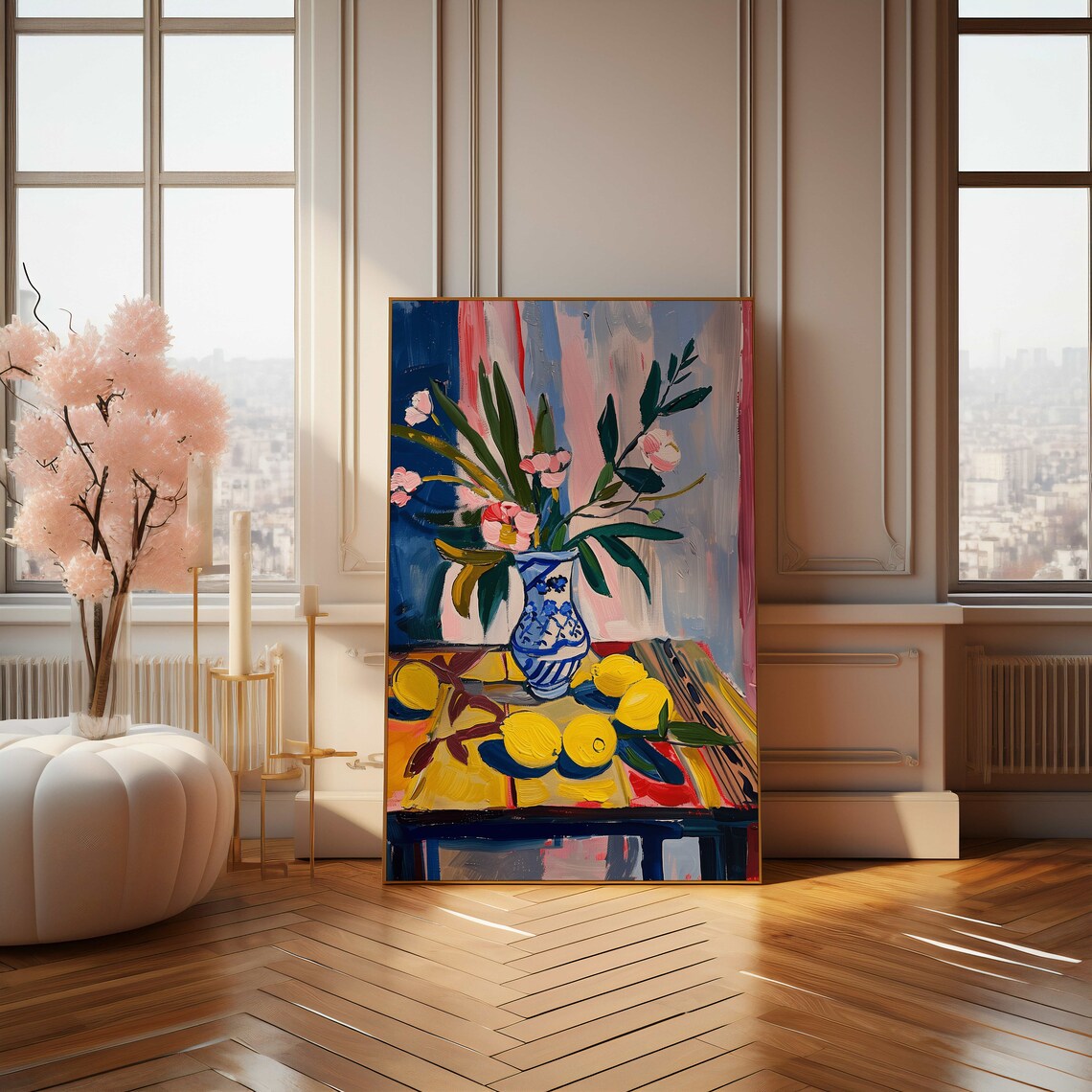 Lemons And Flowers In Blue Vase Colorful Still Life Painting Poster - Image 4