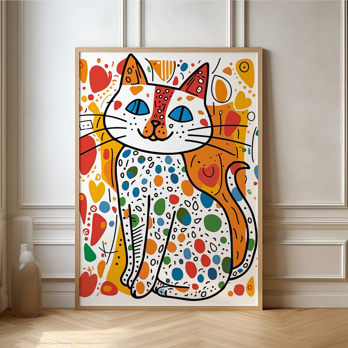 Simple Cat Doodle Art Print, Colorful Shapes and Polka Dots