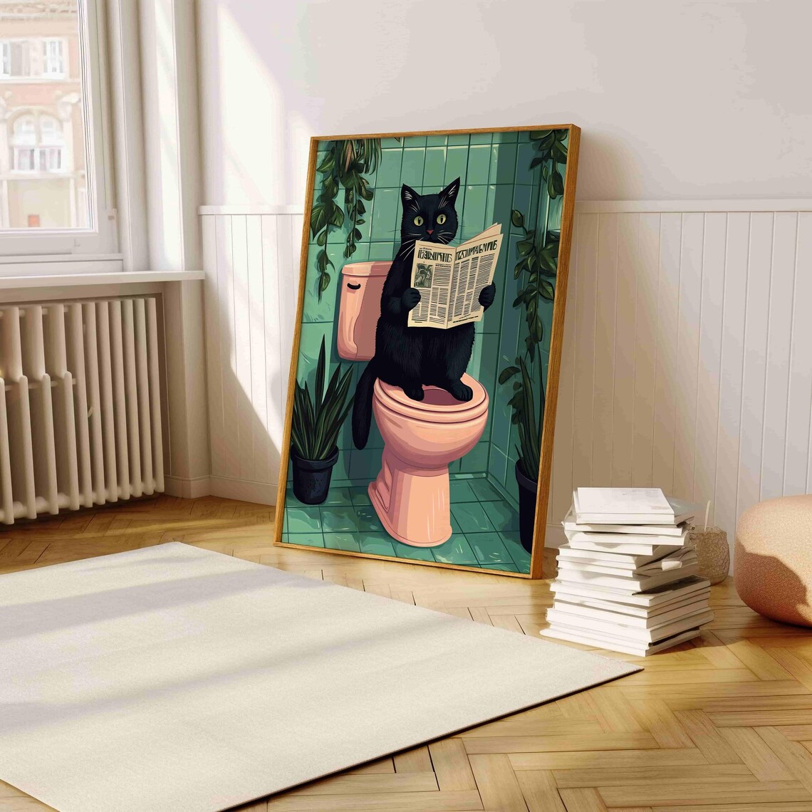 Funny Black Cat Reading Newspaper On Pink Toilet Humor Art Poster - Image 5