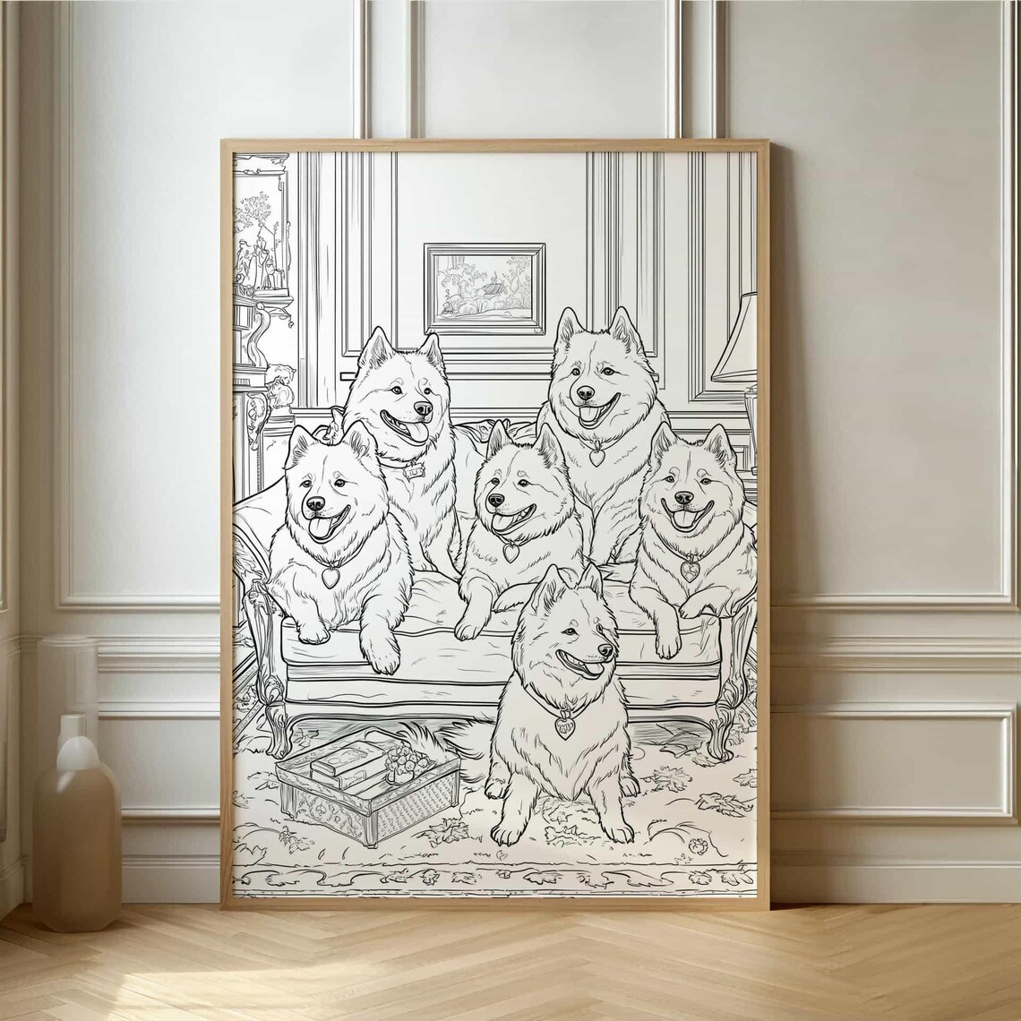Six Samoyed Dogs Family Portrait Line Art Illustration Poster