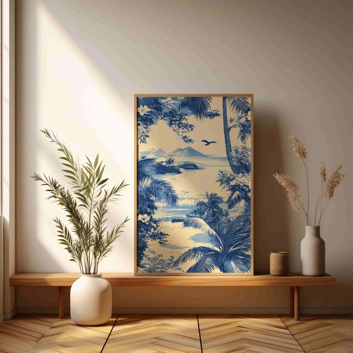 Blue And White Tropical Lagoon View Through Palm Fronds Art Print - Image 3