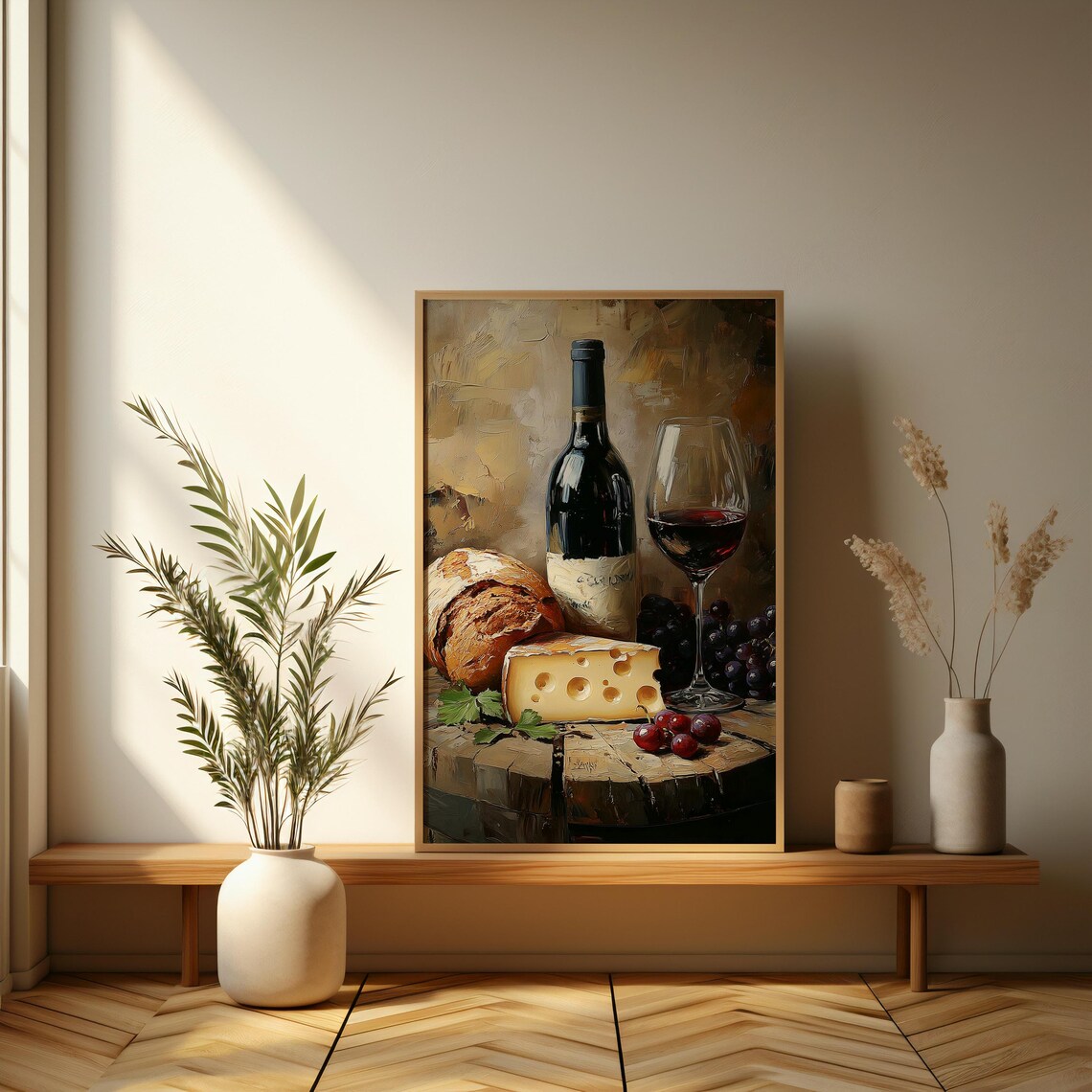 Red Wine Bottle Glass Bread And Cheese Still Life Rustic Oil Painting Poster - Image 3