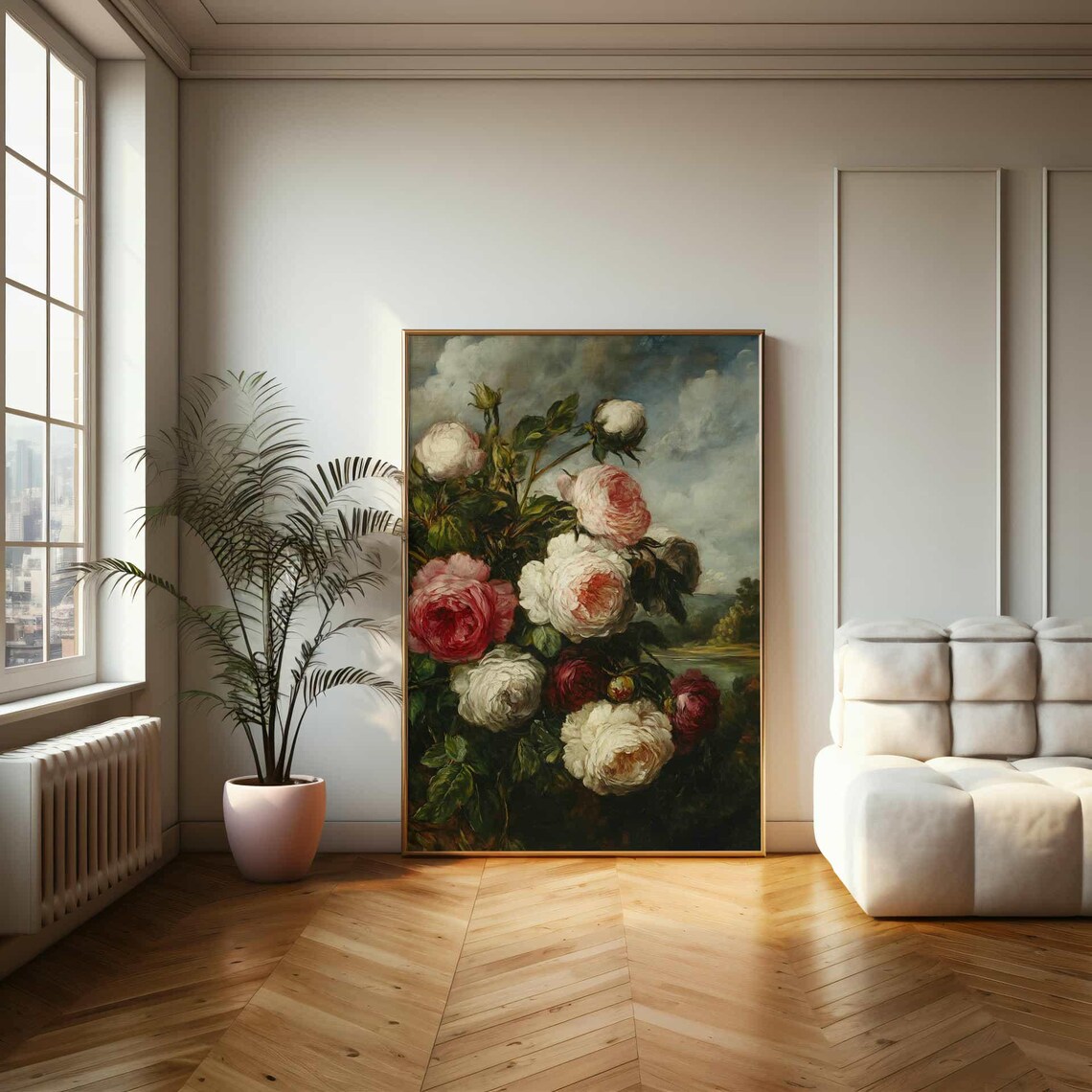 Vintage Oil Painting of Pink and White Roses Against Sky Poster - Image 2