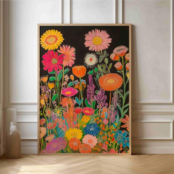 Chalk Style Flower Poster, Lively Garden Art Print