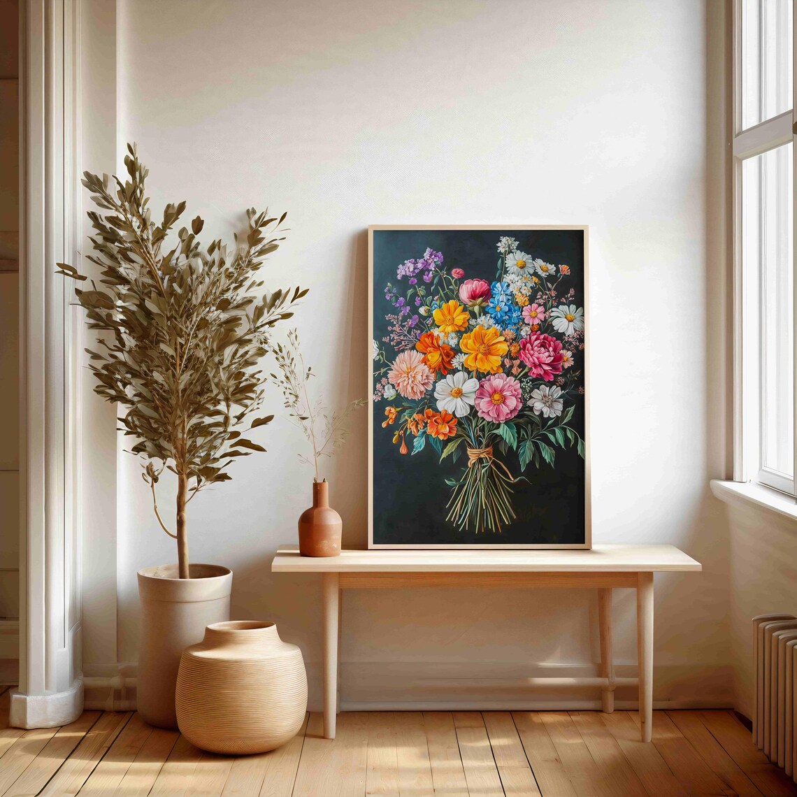 Colorful Daisy And Poppy Bouquet Tied With Twine Floral Art Print - Image 3