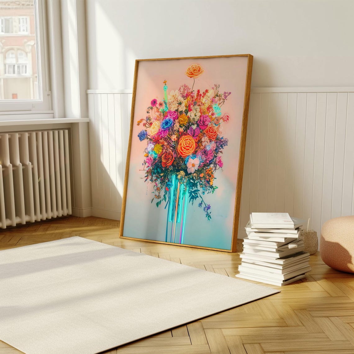 Neon Glowing Flower Bouquet on Pastel Background Modern Art Poster - Image 5
