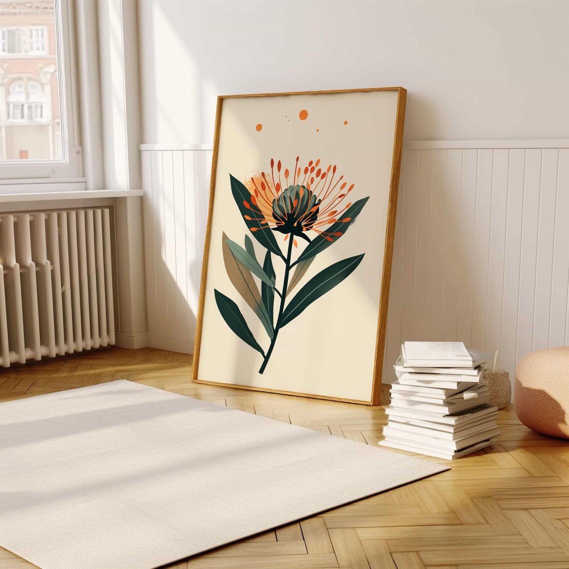 Lone Orange Protea Bloom Minimalist Cream Botanical Art Poster - Image 5