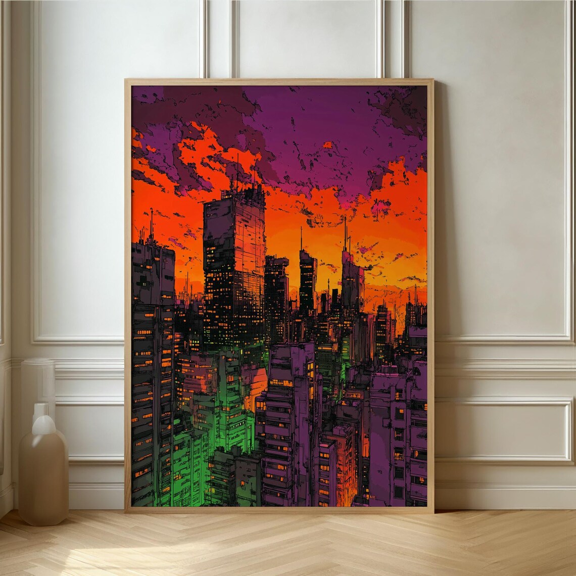 Colorful Neon City Skyline at Sunset Graphic Urban Art Poster