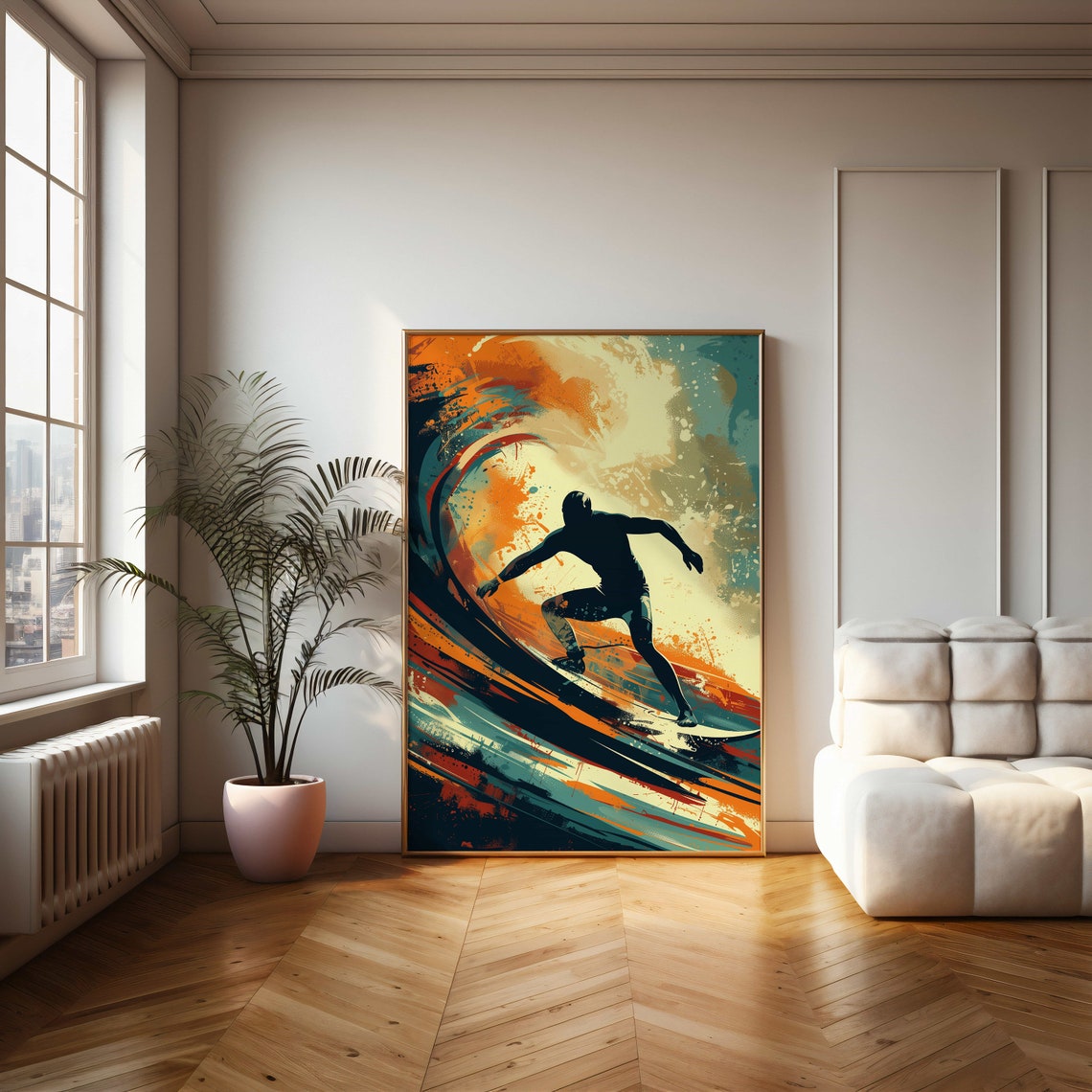 Surfer Riding a Bold Orange Barrel Wave Surf Illustration Poster - Image 2