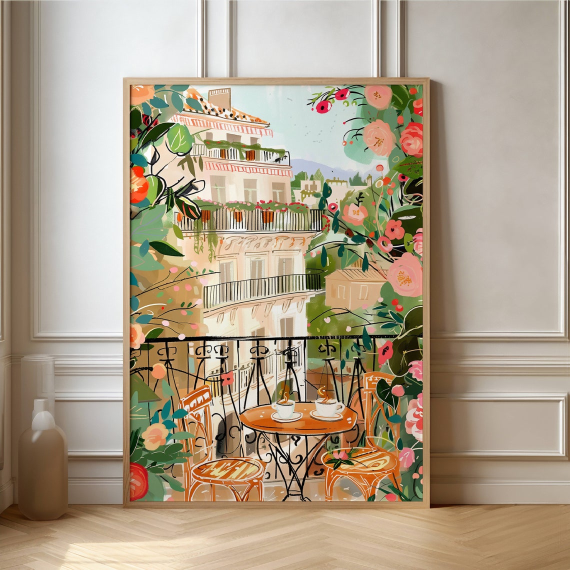 Charming Sunny French Terrace With Flowers And Coffee For Two Poster