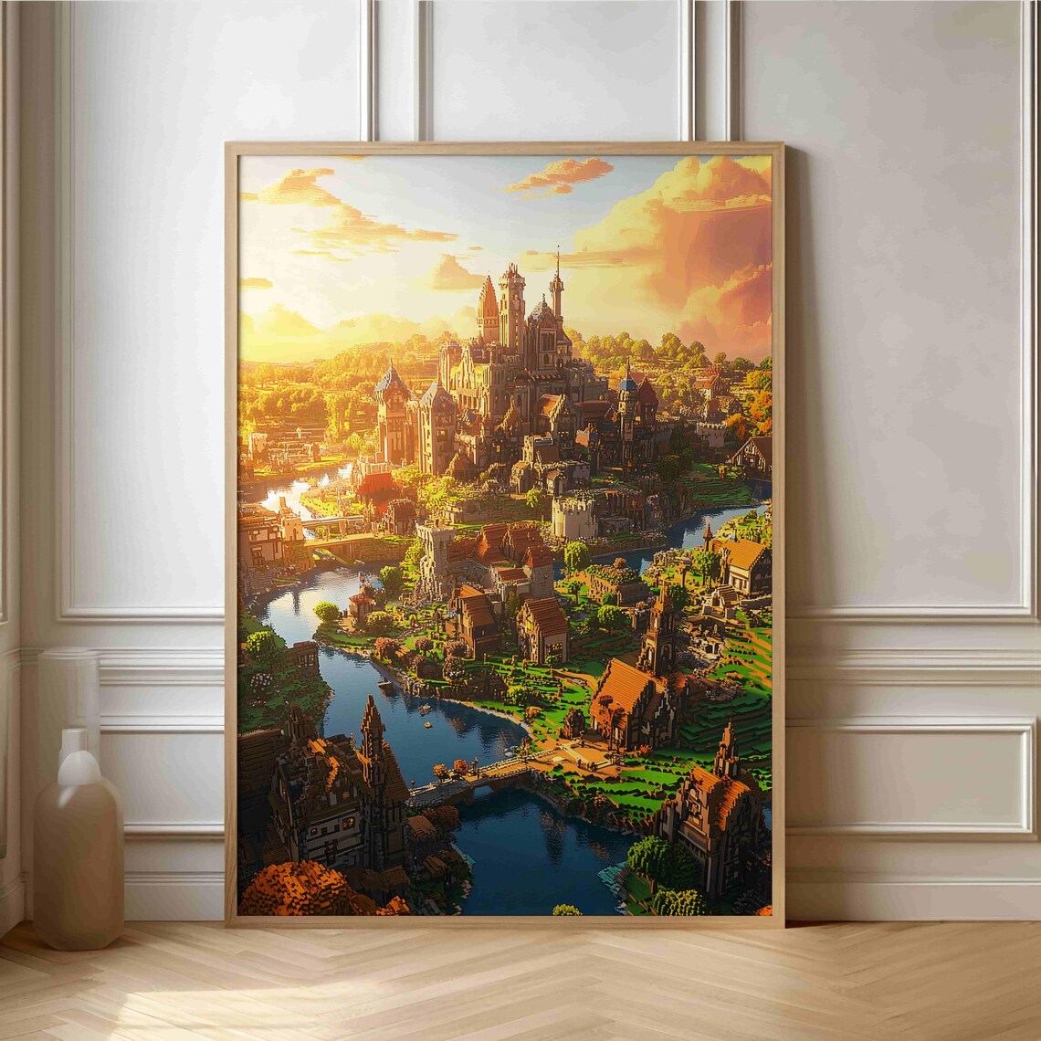 Voxel Castle Town By River At Sunset Epic Gaming Fantasy Art Print