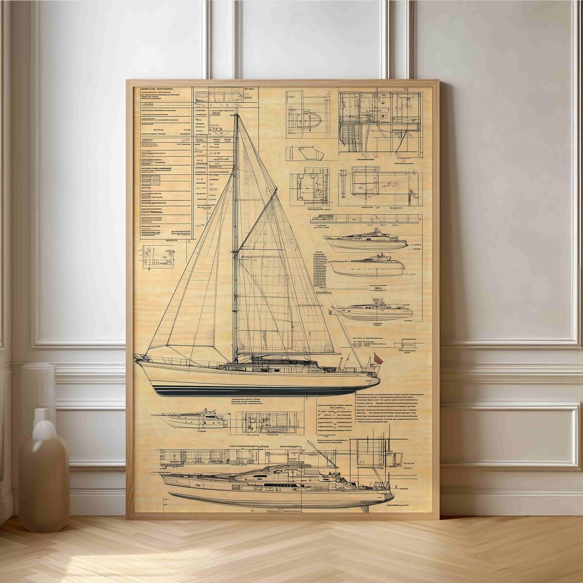 Classic Yacht Blueprint Poster, Nautical Art Print