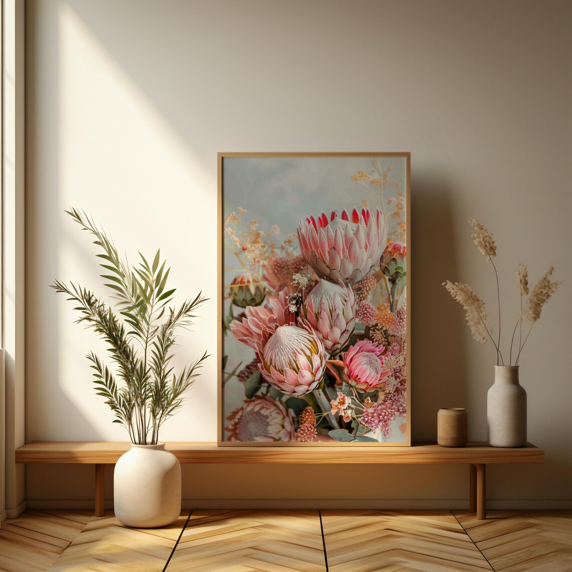 Lush Pink King Protea Floral Arrangement Romantic Modern Art Print - Image 3