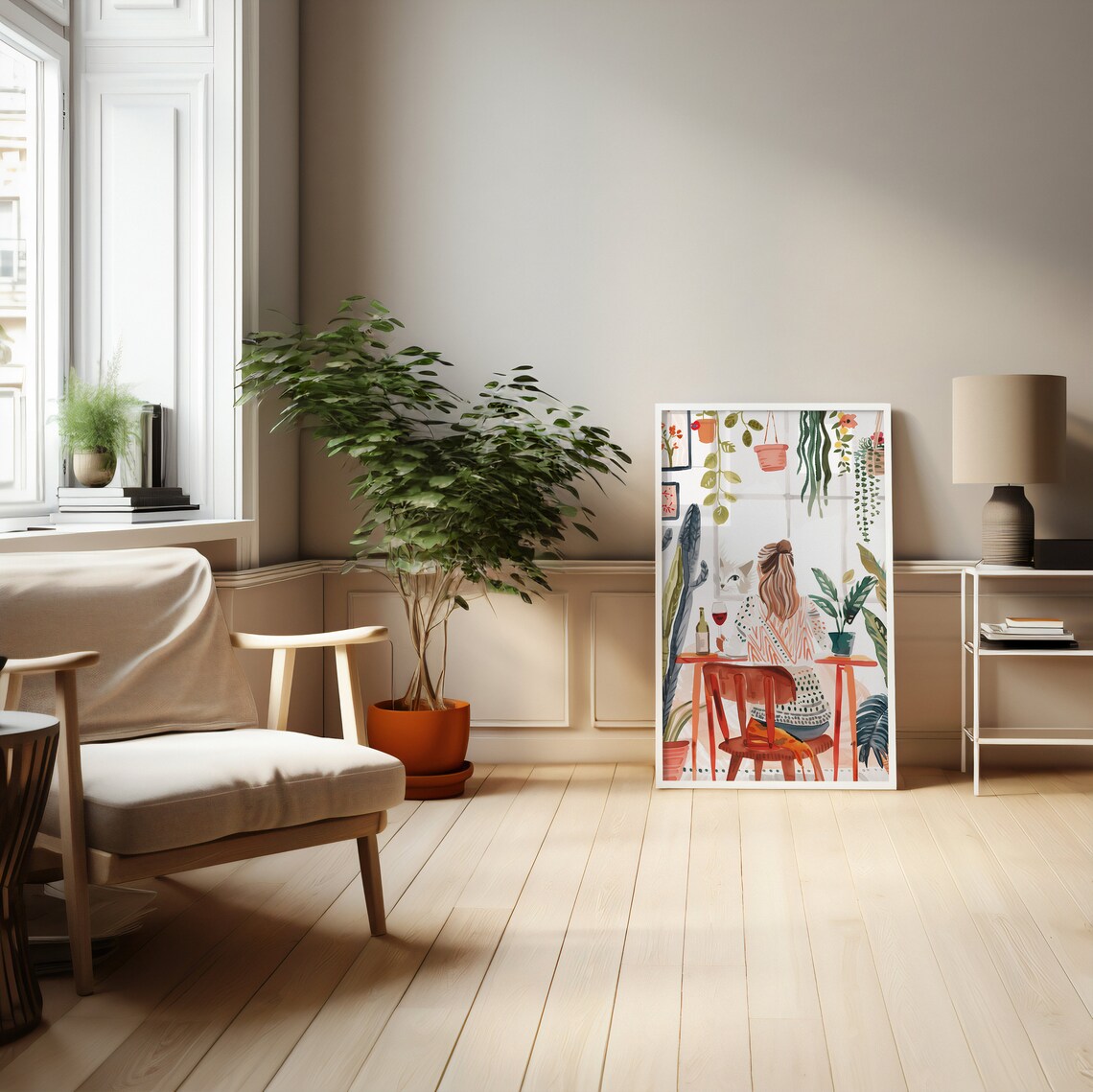 Woman Enjoying Wine With Cat Among Houseplants Watercolor Poster - Image 3