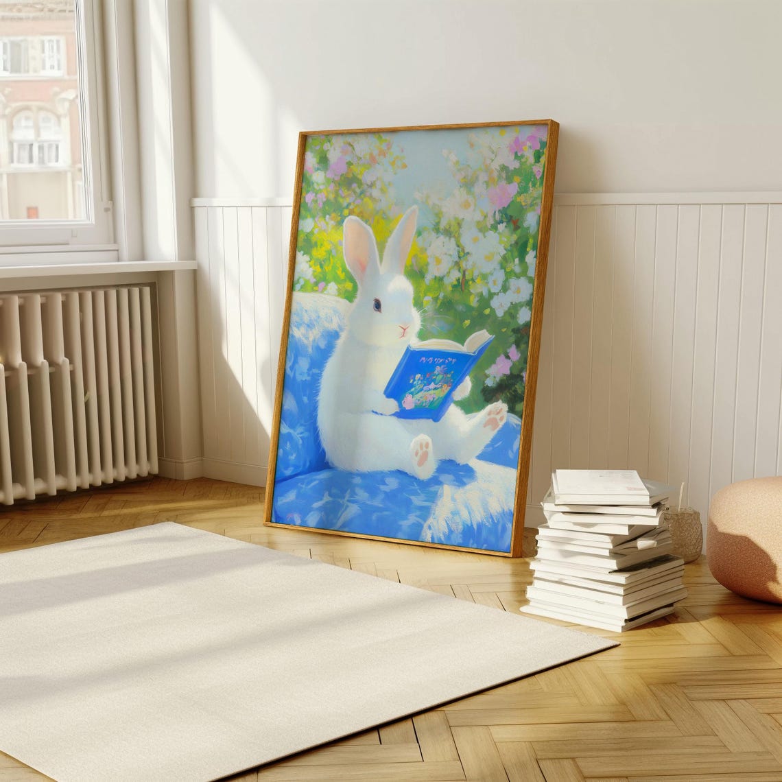 White Bunny Reading a Blue Book in a Pastel Flower Garden Poster - Image 5
