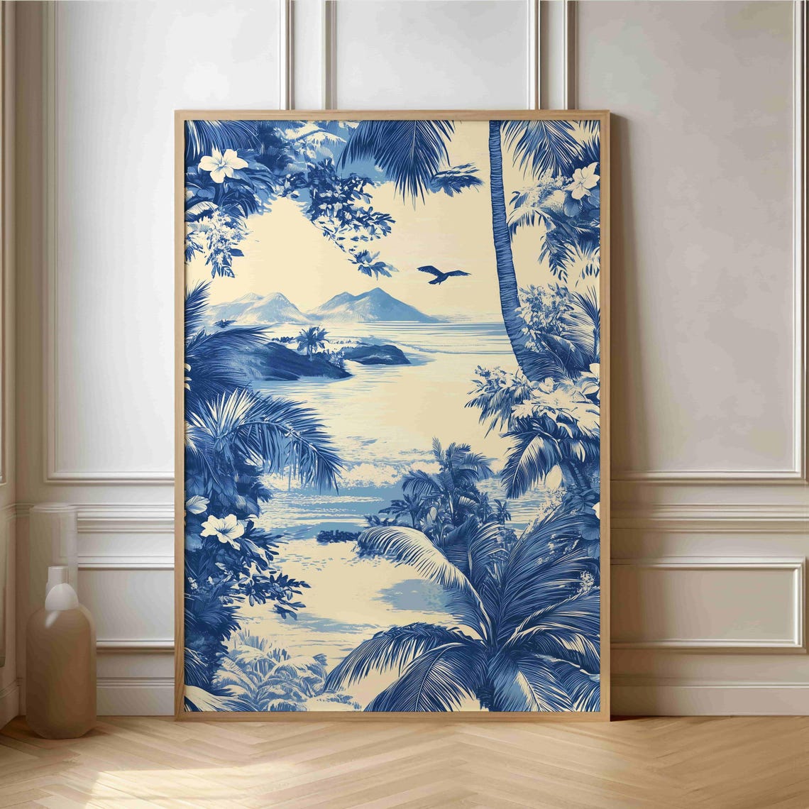 Blue And White Tropical Lagoon View Through Palm Fronds Art Print