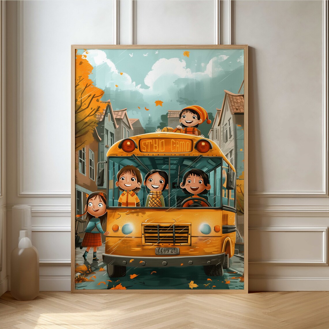 Yellow School Bus Ride Happy Cartoon Kids Autumn Street Poster