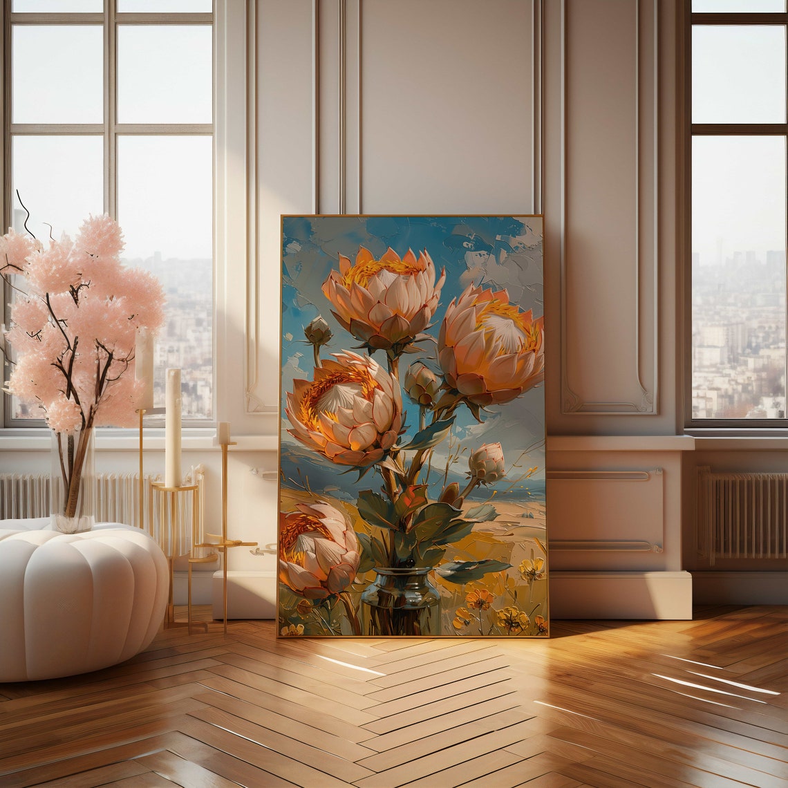 Peachy Protea Bouquet in a Vase Textured Oil Painting Poster - Image 4