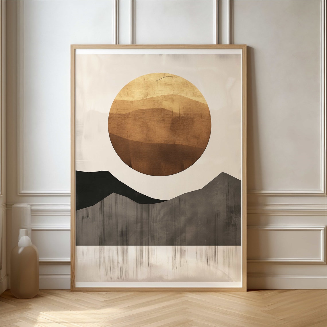 Golden Sun Over Gray Layered Mountains Abstract Minimalist Poster