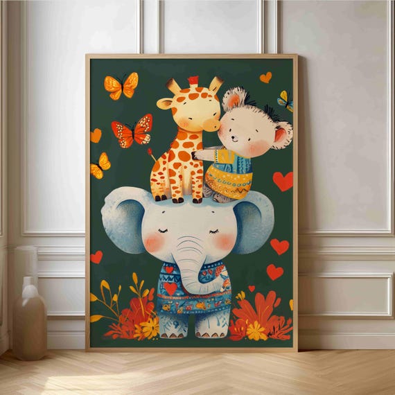Playful Jungle Friends Print Colorful Childrens Artwork With Adorable Animal Characters Perfect For Kids Rooms
